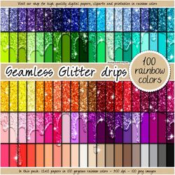 100 seamless glitter drips digital paper rainbow glitter pattern dripping ice cream shiny sequin background pastel