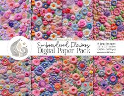 Seamless Embroidered Floral Patterns | 3d Flowers Digital Paper Pack | Commercial Use | Scrapbooking | Crafts | Flowers