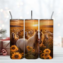 Sunflower Horses 20Oz Skinny Tumbler Wrap, Horse Tumbler Wrap Design Png