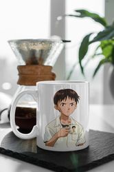 Shinji Holding A Mug, Text Anime, Birthday Party, Coffee Tea Anime Mug 11 oz Double Sided Ceramic Mug Gift Birthday Gift