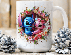 3D Stitch Angel Floral Mug, Disney Mug, Mothers Day Mug 11oz, 15oz Mug