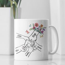 Custom Grandma Mug, Holding kid hands Mom Grandma Mug, Mom Custom Kidnames Hand Mug, Floral Mama Mug, Custom Nana Mug