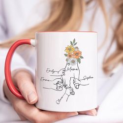 Custom Mom Floral Mug With Kids Names, Holding Kids Hands Mom Mug, Custom Gift For Mom, Grandma Gift, Wildflower Mom