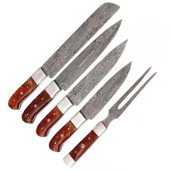 handmade damascus steel knives with natural wood - kitchen knives set
