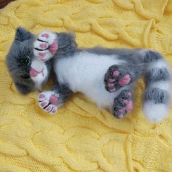 Stuffed animal realistic cat plush gray cat longhaired, soft fluffy kitten like real, plush fluffy cat with movable paws, toy pet for girl