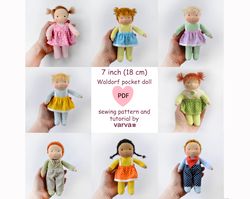 DIY Waldorf pocket doll 7"/18 cm tall. PDF sewing pattern and tutorial. Patterns of clothes as a gift!