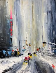 Snowy NYC Painting NY Impressionist Small Oil Painting Cityscape