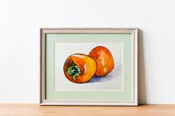 Persimmon fruit painting , original watercolor art, Small Artwork 4x6 inches
