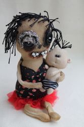 Halloween home decor .  Primitive dolls mother and creepy cute child are handmade . Rag doll , Zombie doll . Fabric doll .
