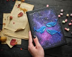 Diary with a cosmic landscape and whales Polymer clay journal notebook