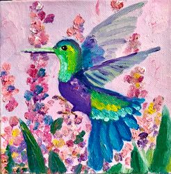 Hummingbird Painting, Tropical bird painting oil on canvas, Miniature artwork
