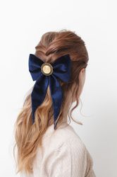 Navy blue hair bow clip for women, big velvet bow barrette for girl, vintage handmade gift
