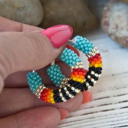 Turquoise hoop earrings, Small beaded hoop earrings 1.2", Native america seed bead earrings, Beadwork jewelry