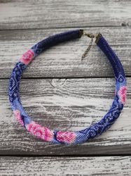 Bead Crochet Rope Necklace , Roses Beaded Crochet Necklace , Floral Seed Bead