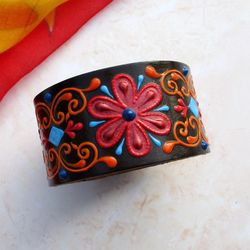 Hand painted leather cuff bracelet, Leather bracelet with red flowers, Leather arm cuff, Leather wrist cuff for women