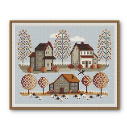 Cross Stitch Pattern Sampler Autumn Village Embroidery Digital PDF File Instant Download 172