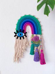 Unique birthday gift, Hamsa hand with evil eye wall decor, Macrame rainbow wall hanging, sun catcher crystal