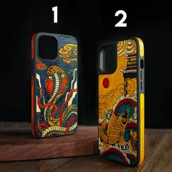 Painting On Leather Iphone Case ( Iphone 12, 13 Mini, Pro, Pro Max ) Animal Art iphone case ( Snake, Koi Fish, Flamingoes, Pig, Horse )