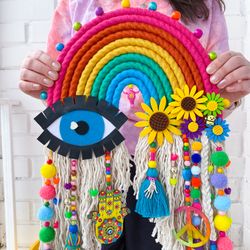 Evil eye rainbow wall hanging, Hippie home decor, Bedroom wall decor over the bed, 30th birthday gift for woman, Unique wall decoration