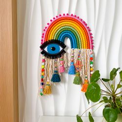 Boho home decor, Large rainbow wall hanging, Evil eye and Hamsa hand home decor, Mother day gift, Hippie stuff