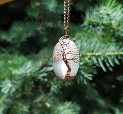 White Cats Eye Tree Of Life Pendant Necklace, Yoga Healing Jewelry, Birthday Gift for Men/Women