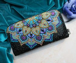 Purple large wallet, Clutch wallet, Leather purse for women, Credit card case, Painted leather clutch, Mandala wallet
