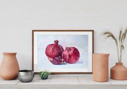 Pomegranates watercolor painting Fruit original art Kitchen small still life