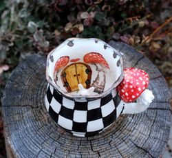 Wonderland Surprise mug, Rabbit figurine inside ,Black white Art mug, ceramic cup, Mushroom figurine, Tea coffee cup, Handmade porcelain mug ,Fairy style ,best friend gift