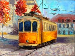 Yellow Tram Painting Oil Cityscape Original Art Artwork Canvas Art