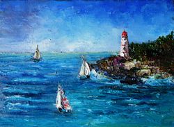 Sailboat Painting Oil Seascape Original Art Beach Artwork Canvas Art