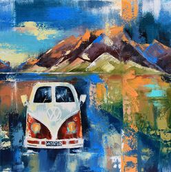 Retro Car Painting California Original Art VW Bus Wall Art Mountains Artwork Oil Canvas
