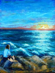 Sunset Painting Oil Seascape Original Art Artwork Impasto Canvas Art