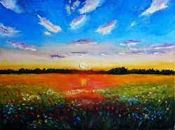 Wildflower Oil Painting Original Art Landscape Artwork Sunset Canvas Art Impasto