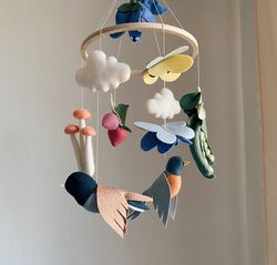 Woodland baby mobile- Robin and Finch, bluebell, sweet strawberries,  green peas, mushrooms and butterflies