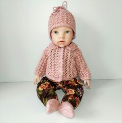 Cute knitted costume for reborn doll 17 inches. Set of knitted clothes for baby doll 40-46 cm.