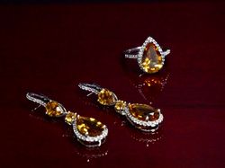 Sterling Silver Set Ring&Earrings With Citrine And White Topaz Stones