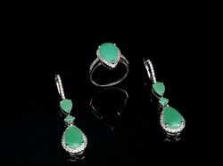 Sterling Silver Set Ring&Earrings With Chrysoprase And White Topaz Stones