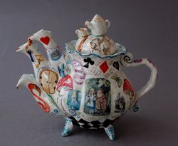 Porcelain Three spout teapot, Wonderland Porcelain teapot ,Mad Tea Party, handmade teapot, Hand painting ,Sculptural Art teapot, Whimsical Ceramic Teapot