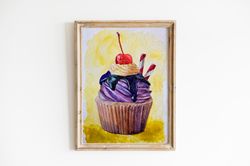 Sweet Cupcake watercolor art/Original painting/Framed/Gift/Home decor