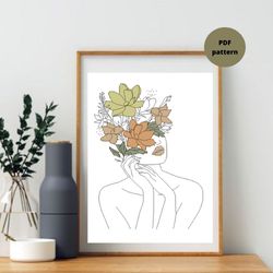 Woman and Flowers cross stitch PDF pattern, Minimalist line art embroidery design, Instant download, DIY and craft