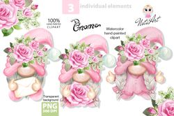 Watercolor vintage pink gnomes with roses, Vintage Gnomes