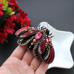 Burgundy Moth Brooch Pin. Embroidered Insect Brooch Handmade. Beaded Butterfly Brooch