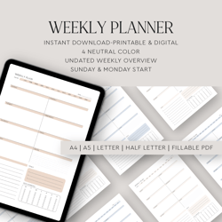 Weekly Printable and Digital Planner, Undated Planner, Goodnotes