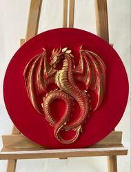 Handmade bas-relief Dragon, Red Dragon, Dragon decor, Wall Art, Dragon Wall Art