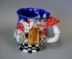 Beautiful handmade ceramic mug Wonderland mug, Rabbit figurine, Cheshire Cat ,Drink Me, Mushroom figurine, Art mug ,Fabulous handmade cup ,Decor mug, Alice fan gift Porcelain mug with voluminous decor Mug for tea and coffee Gift for a friend