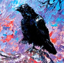 Crow Painting Bird Original Art Small Artwork Raven Painting Oil Impasto 6 by 6 inches