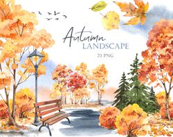 Autumn Landscape Watercolor clipart, Fall Trees and Leaves clip art