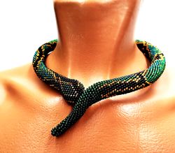 Green Beaded Snake Necklace Ouroboros Choker