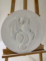 Handmade bas-relief Dragon, White Dragon, Dragon decor, Wall Art, Dragon Wall Art