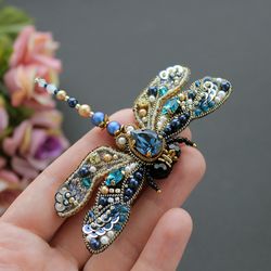 Blue Beaded Dragonfly Brooch Handmade. Embroidered Brooch Insect. Best Friend Gifts